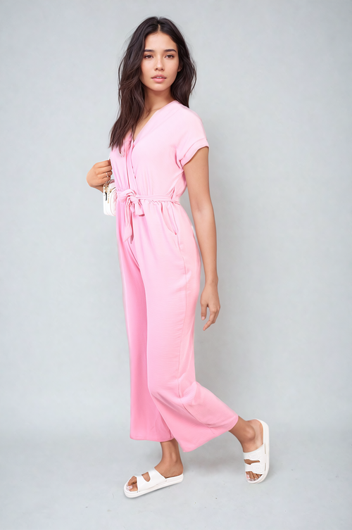 Belted V Neck Jumpsuit with Side Pockets-10