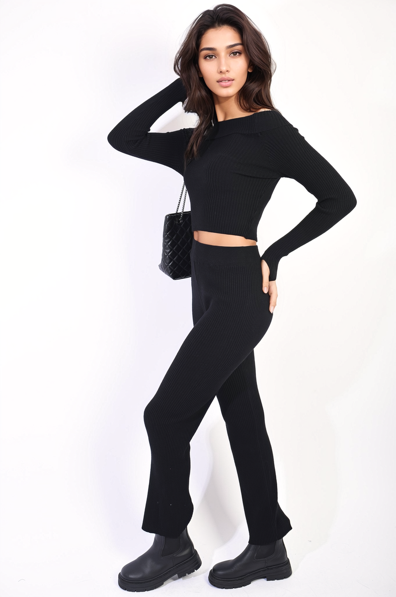 Knitted Long Sleeves Cropped Off Shoulder Top and Trousers Co-ord Set-2