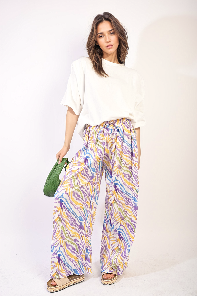 Pleated Wide Leg and Elastic Waist Trousers-1