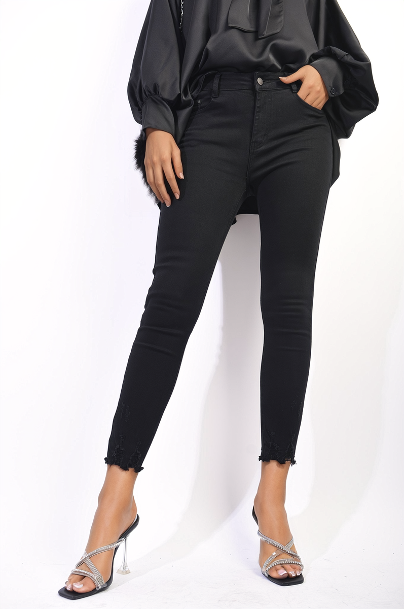 High Waist Distressed Hem Skinny Jeans-3