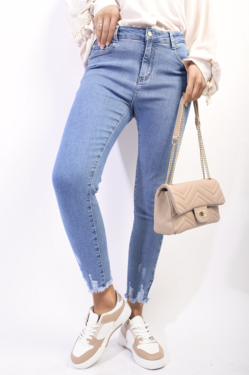High Waist Distressed Hem Skinny Jeans-0