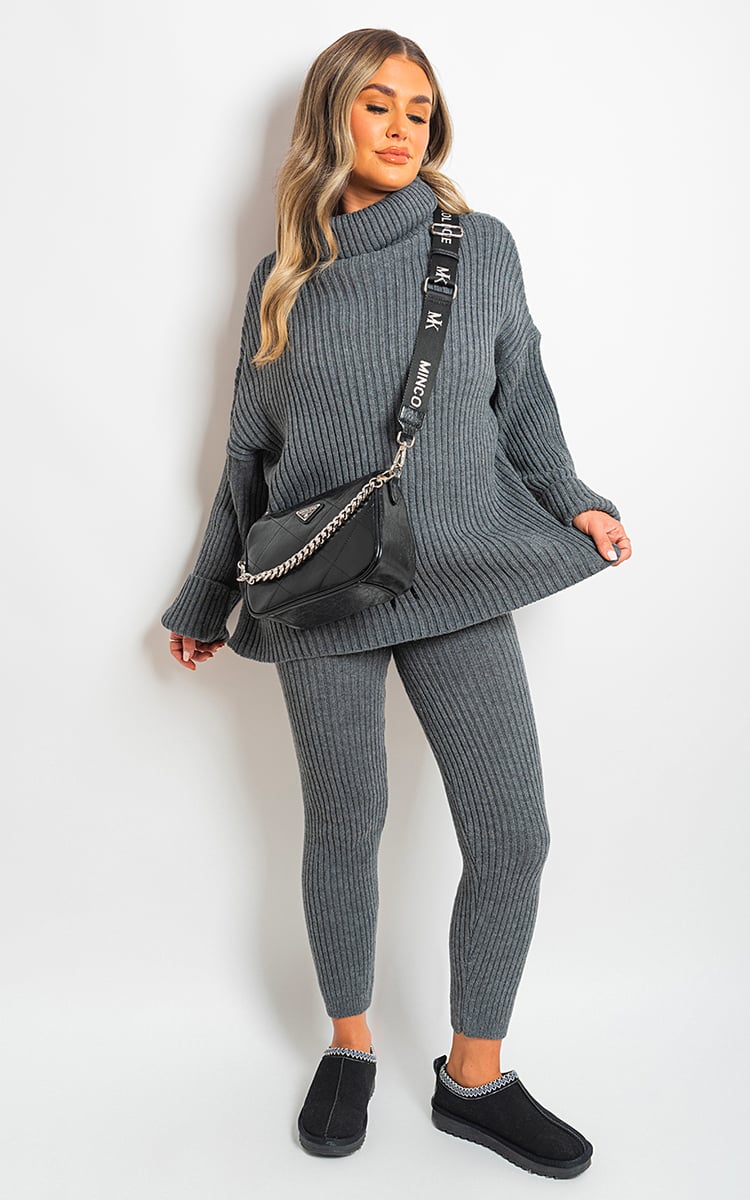 Chunky Knitted High Roll Neck Top Bottom Co-ord Set-6