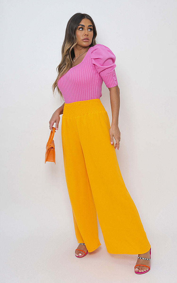Elastic High Waist Wide Leg Trousers-6