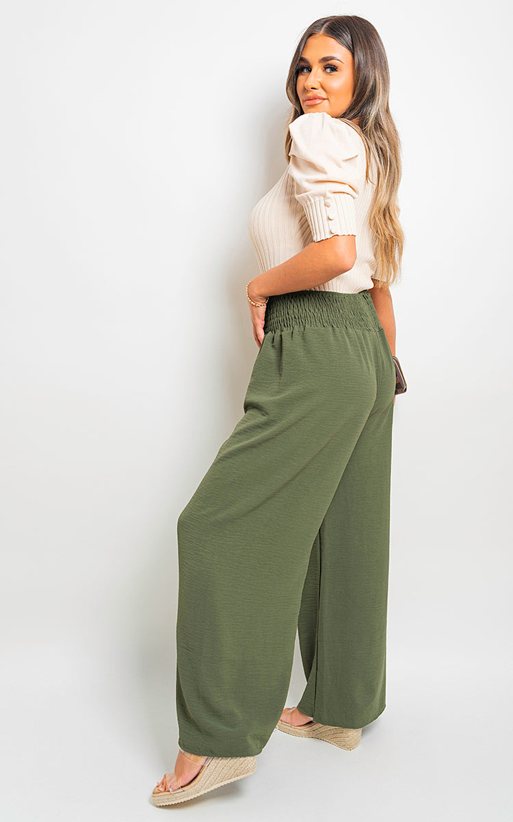 Elastic High Waist Wide Leg Trousers-8