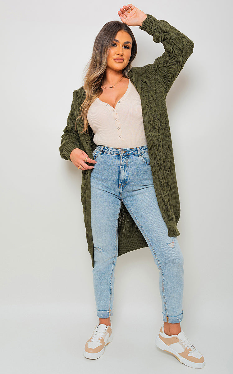 Chunky Cable Knitted Oversized Longline Hooded Cardigan-17