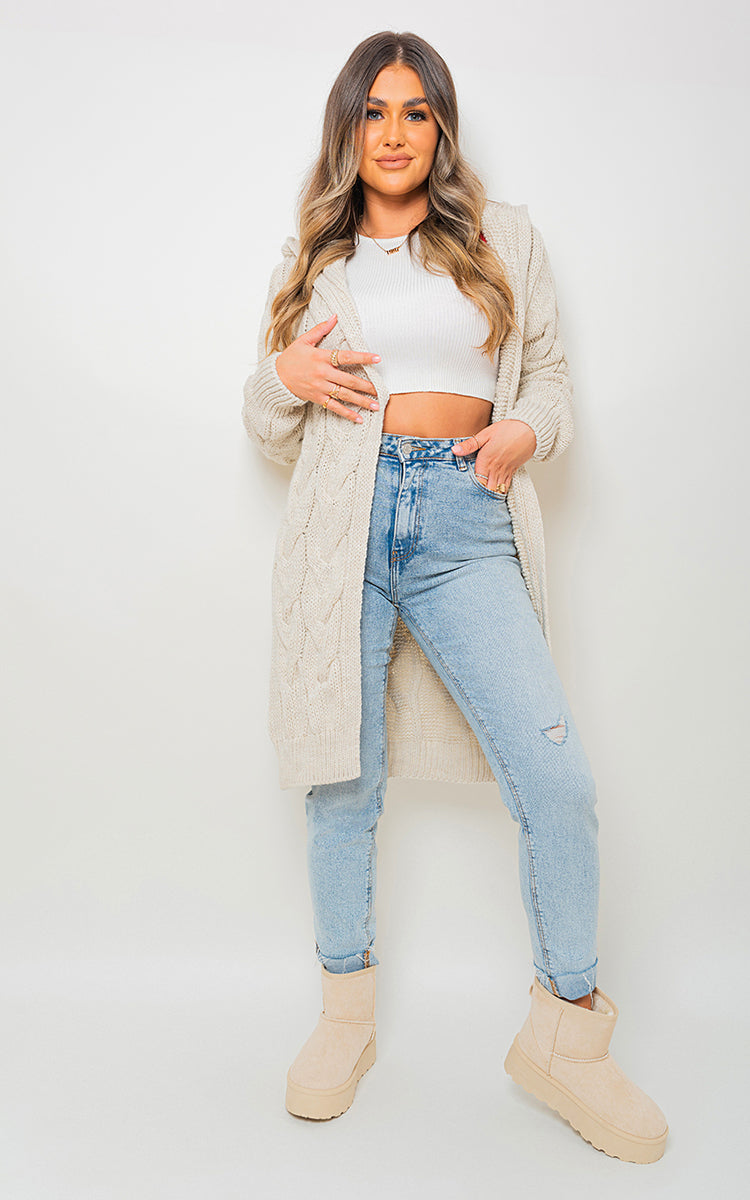 Chunky Cable Knitted Oversized Longline Hooded Cardigan-18