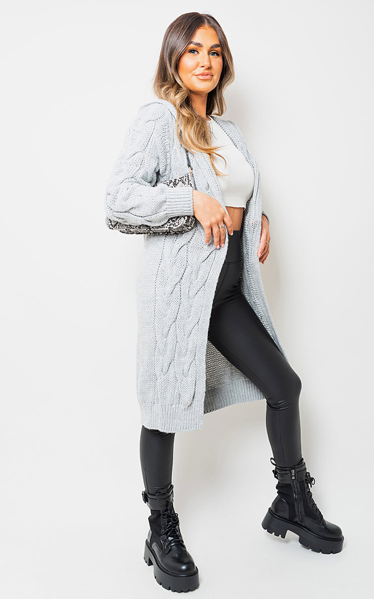Chunky Cable Knitted Oversized Longline Hooded Cardigan-6
