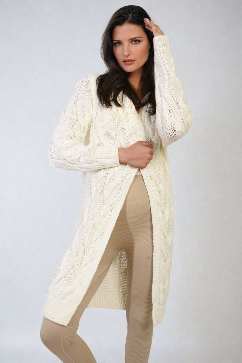 Chunky Cable Knitted Oversized Longline Hooded Cardigan-2